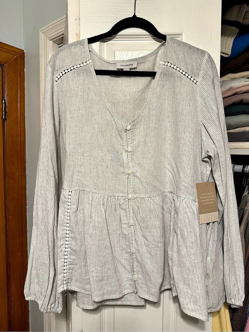 Calligraphie Striped Linen Tunic in White & Blue Size XL NWT